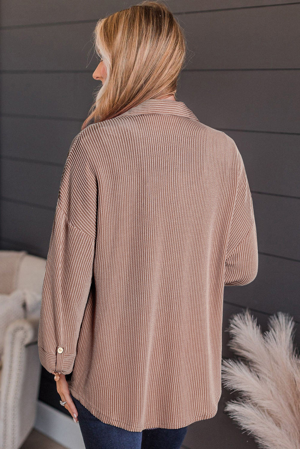 Textured stripe oversized overshirt in Dust Storm with button cuff detail.