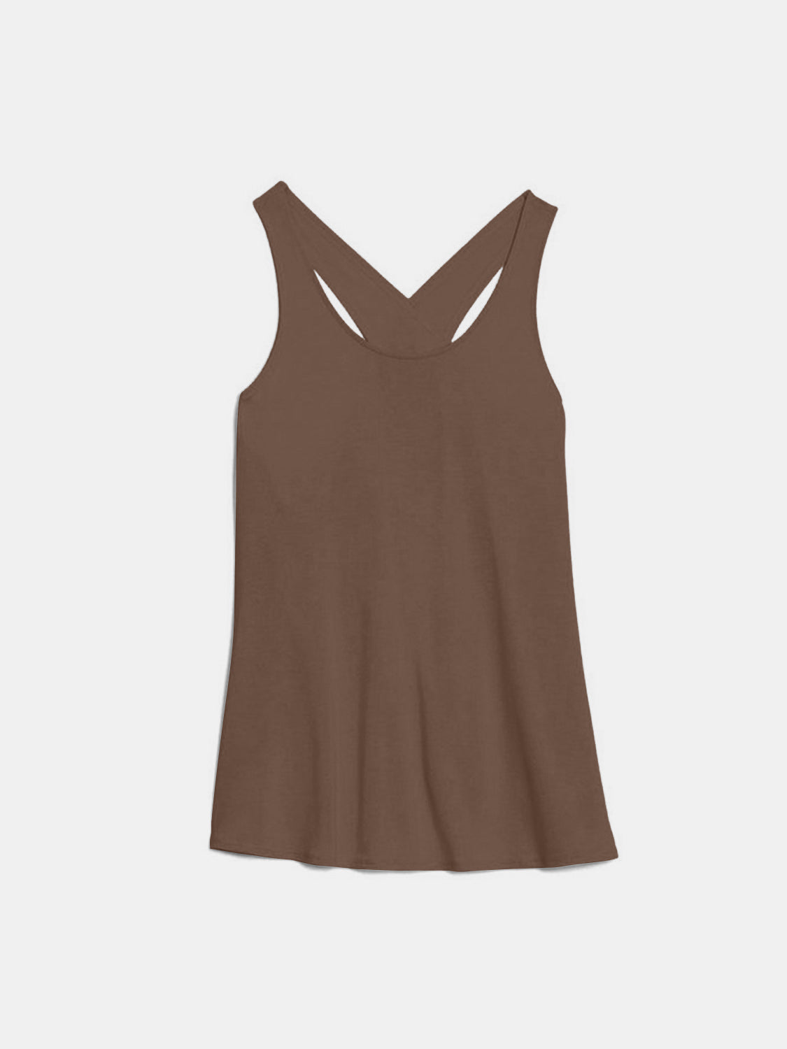 Mocha flow tank top with a criss-cross back and scoop neckline.