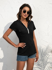 Black zip-front short sleeve hoodie tee with chest pockets