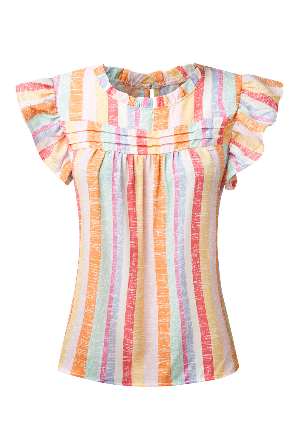 Rainbow stripe blouse with flutter sleeves and ruffled neckline.