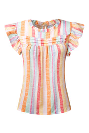 Rainbow stripe blouse with flutter sleeves and ruffled neckline.