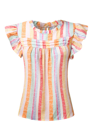 Rainbow stripe blouse with flutter sleeves and ruffled neckline.