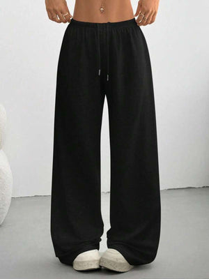 Black casual wide-leg drawstring maternity pants with a relaxed fit.