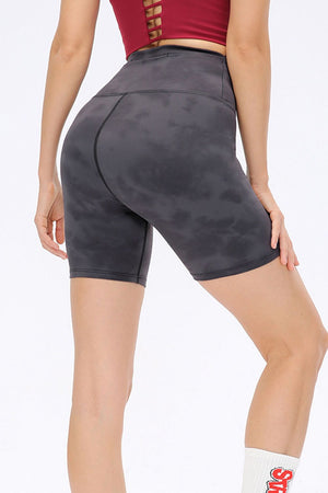 Cloudwash sculpting bike shorts in dark gray with a tie-dye pattern.