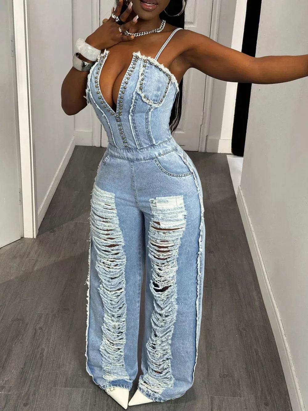 Distressed Spaghetti Strap Wide-leg Denim Jumpsuit, front view