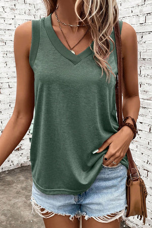Sage green textured V-neck sleeveless tank top with ribbed trim
