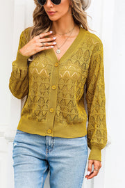 Openwork knit cardigan in Caramel with balloon sleeves and V-neck.