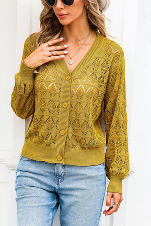 Openwork knit cardigan in Caramel with balloon sleeves and V-neck.