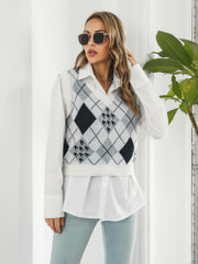 Argyle knit cropped sweater vest in white with V-neck and ribbed hem.