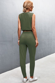 Army green cropped muscle tank and jogger set with a relaxed fit.