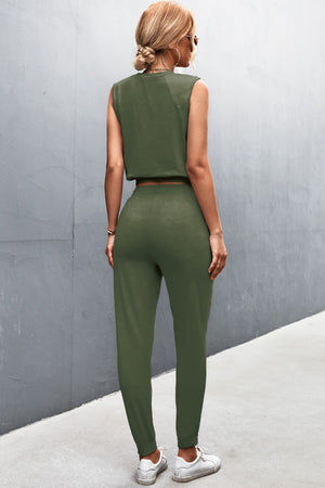 Army green cropped muscle tank and jogger set with a relaxed fit.