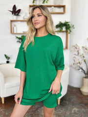 Textured boxy tee and shorts set in mid green with crew neck and short sleeves.