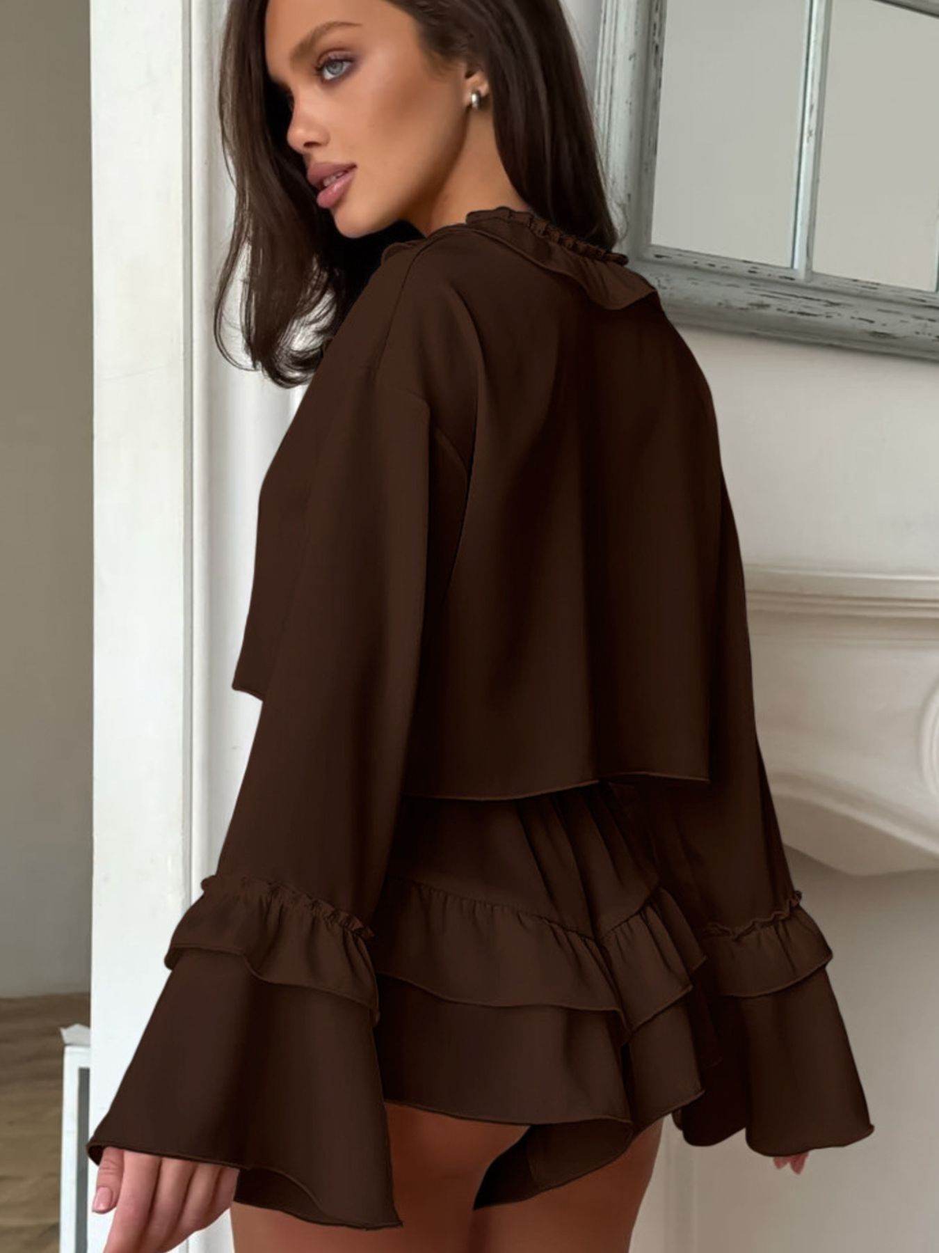 Chocolate ruffled V-neck pajama set with shorts and bell sleeves.