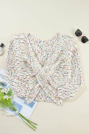 White confetti knit sweater with boatneck and twisted back detail