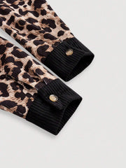 Leopard corduroy utility shirt jacket with black ribbed cuffs and button details.