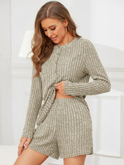Ribbed henley lounge set in Sage with button detail and matching shorts.