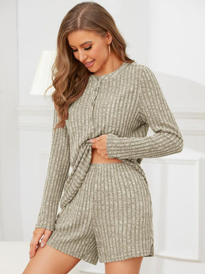 Ribbed henley lounge set in Sage with button detail and matching shorts.