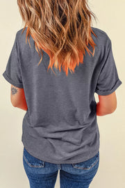 Gray polyester t-shirt with rolled short sleeves and a graphic print detail on the back.