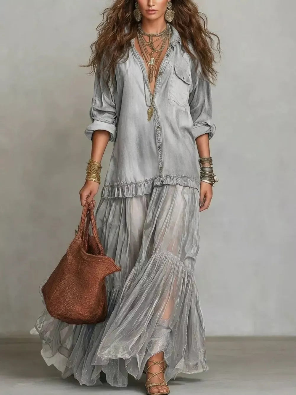 Light Gray sheer ruffle maxi dress with buttoned detailing and flowing skirt.