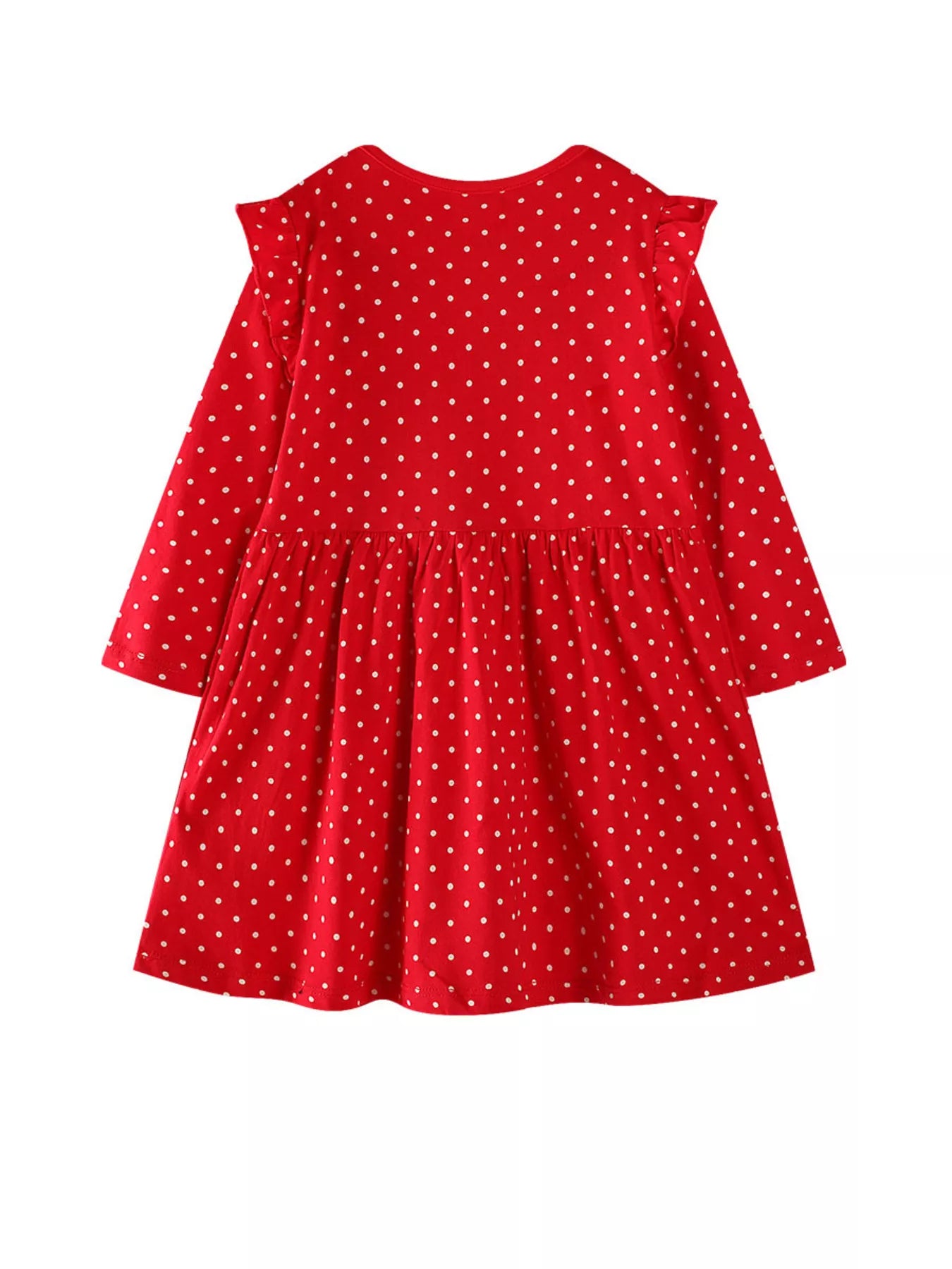 Red polka dot long-sleeve baby dress with ruffled shoulders and a gathered waist.