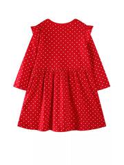 Red polka dot long-sleeve baby dress with ruffled shoulders and a gathered waist.