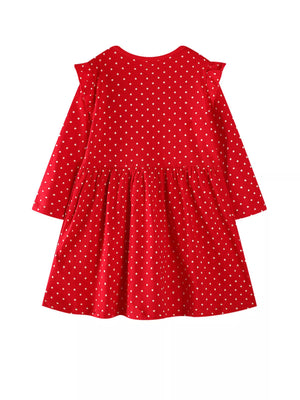 Red polka dot long-sleeve baby dress with ruffled shoulders and a gathered waist.