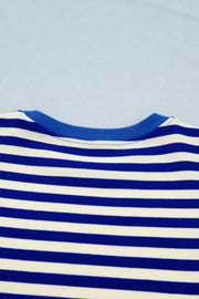 Blue and cream striped polyester top with crew neck and ruffle sleeves.