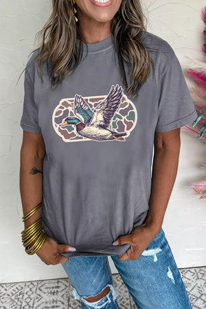 Gray polyester t-shirt with flying mallard duck graphic and camouflage background detail.