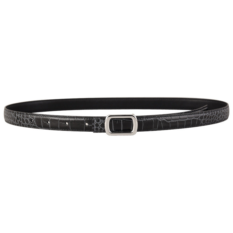 Black crocodile textured cowhide leather belt with silver buckle