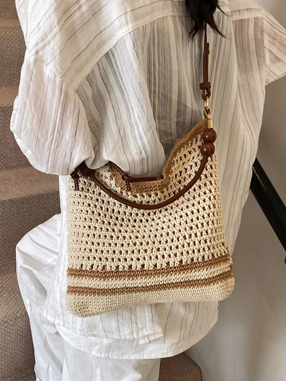 Crochet Knit Shoulder Bag in Beige, side view