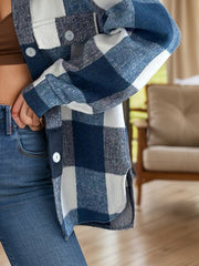 Oversized blue plaid wool-blend shacket with button front and chest pockets.