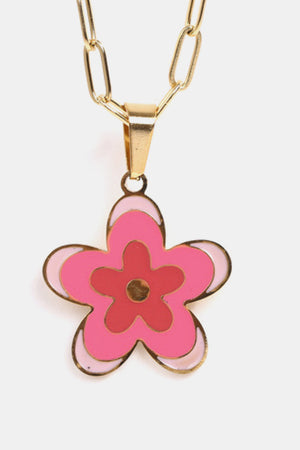 Enamel floral pendant necklace in blush pink and red on a gold-plated chain.