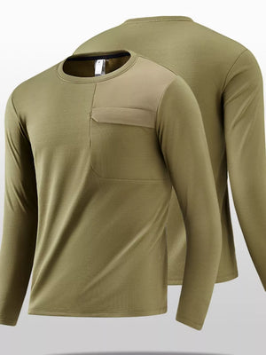 Men's olive brown long sleeve crew neck tee with chest pocket detail