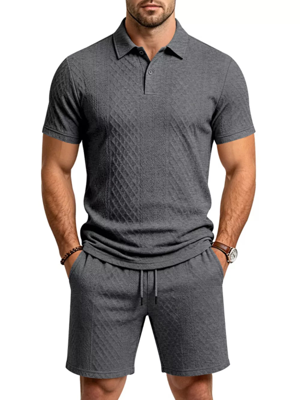 Men's Textured Short Sleeve Polo & Shorts Set in Dark Gray, fabric detail