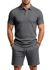 Men's Textured Short Sleeve Polo & Shorts Set in Dark Gray, fabric detail