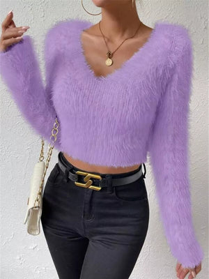 Lavender fluffy V-neck knit sweater with long sleeves and a cropped fit.