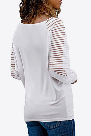 White raglan v-neck top with sheer striped sleeves