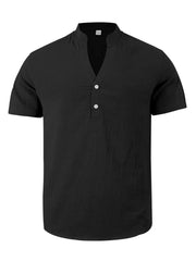 Black relaxed fit linen blend men's shirt with band collar and two button placket