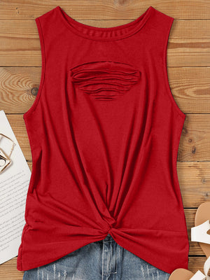 Scarlet tank top with oval slit detail on chest and front knot.