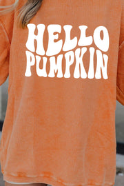 Corduroy sweatshirt in caramel with white "Hello Pumpkin" graphic text.