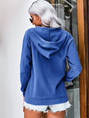 Royal blue hoodie with drawstring detail and contrast stitching