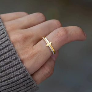 Gold-plated cross ring with pave crystal band, delicate and elegant.