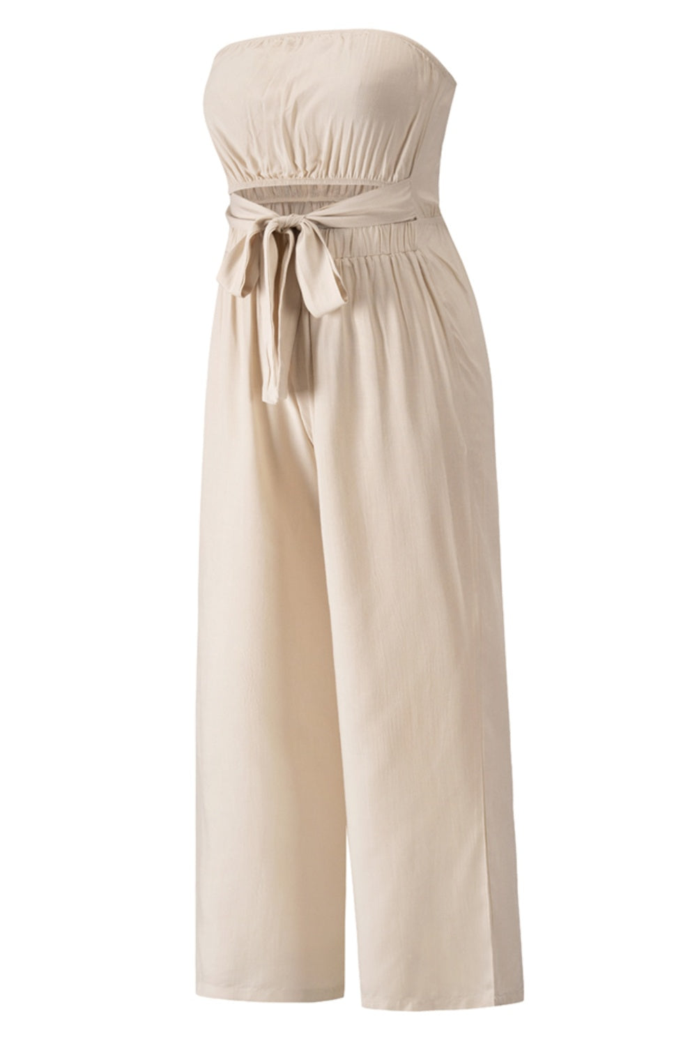 Tan bandeau tie-waist wide-leg jumpsuit with cutout detail