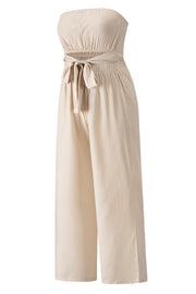 Tan bandeau tie-waist wide-leg jumpsuit with cutout detail