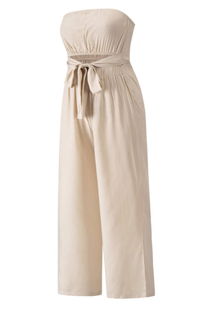 Tan bandeau tie-waist wide-leg jumpsuit with cutout detail