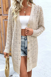 Dust Storm diamond knit duster cardigan with button front and open weave detail.