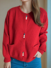 Scarlet ribbed knit button-up cardigan with colorful buttons and pockets