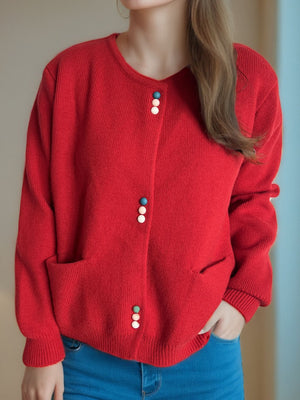 Scarlet ribbed knit button-up cardigan with colorful buttons and pockets