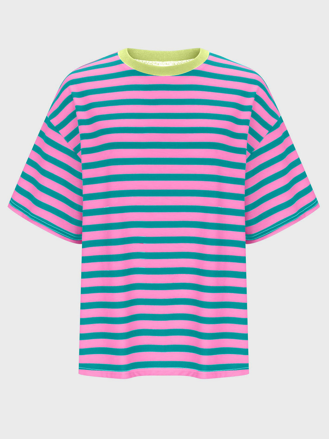 Oversized striped tee in fuchsia pink and teal with dropped sleeves and a lime green neckline.