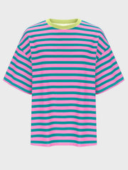 Oversized striped tee in fuchsia pink and teal with dropped sleeves and a lime green neckline.